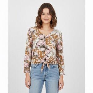 Soft Surroundings Floral Blouse Tie Front Button Large